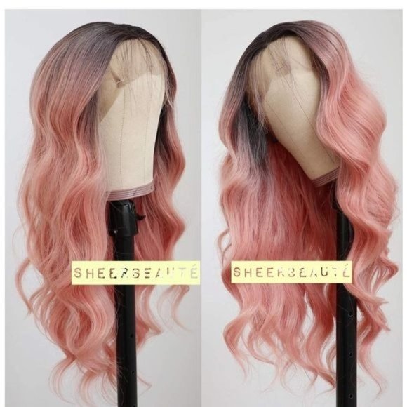 Pink Long Wavy Lace Front Wigs